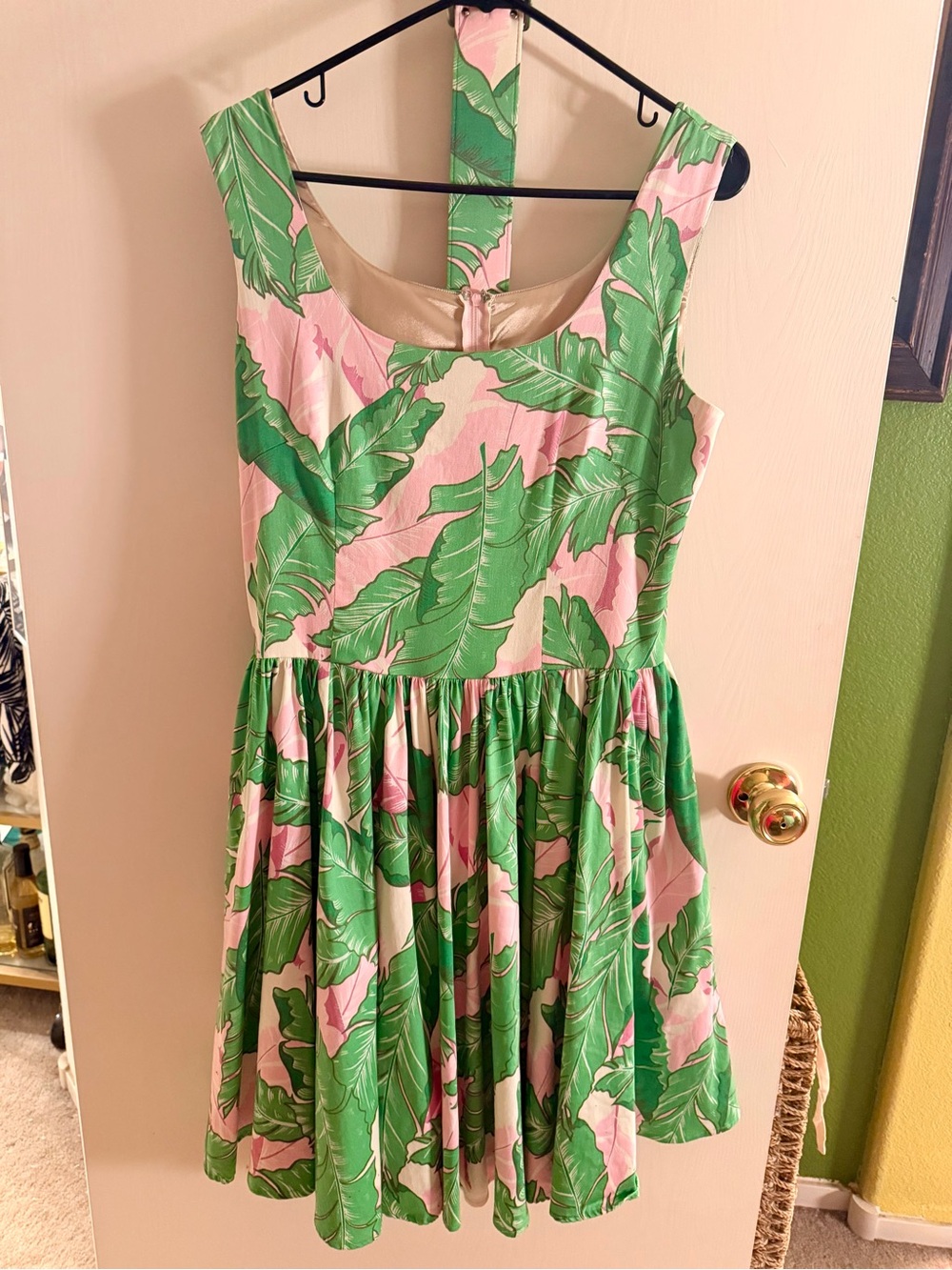 Pinup Couture PUG Pink & Green Tiki Tropical Palm Leaf Fit-and-Flare Dress